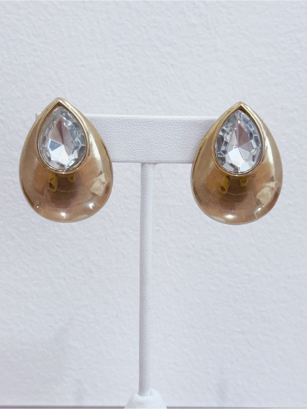 Vintage statement teardrop earrings gold tone large faceted crystal